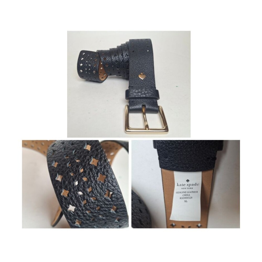 Kate Spade Belt Soft Leather Black Logo Women XL (49x1.5) Perforated Laser Cut
